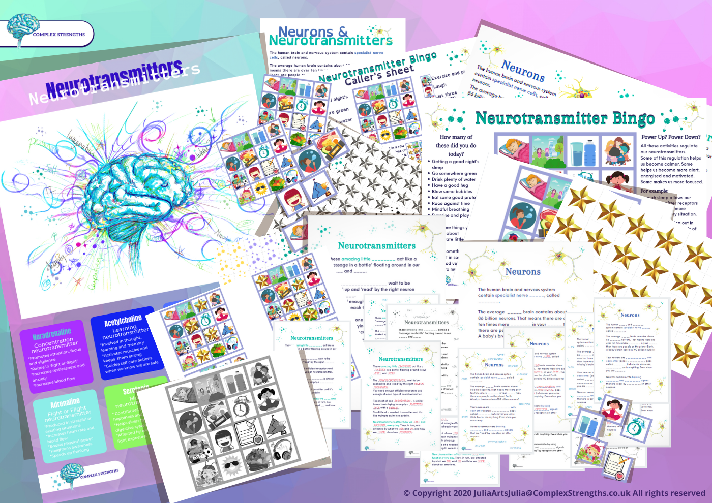 The image is a large collage of the “Neurons & Neurotransmitters Bundle” with a nice purple and blue geometric background all designed by Julia Arts.