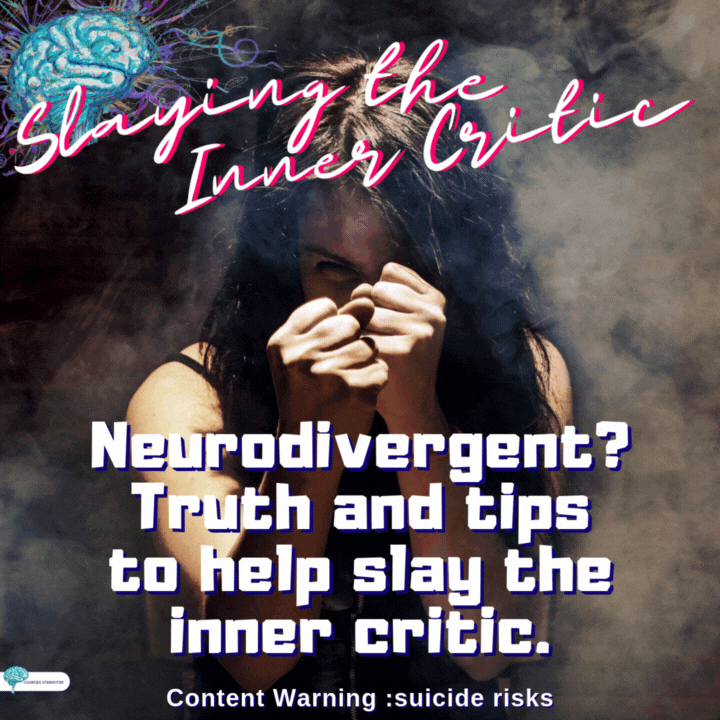 A gif that features a female fighter in a misty environment with her fists raised. Text refers to high suicide attempt rates and metal health challenges from growing up with unsupported neurodivergence and invites the watcher to read the article.