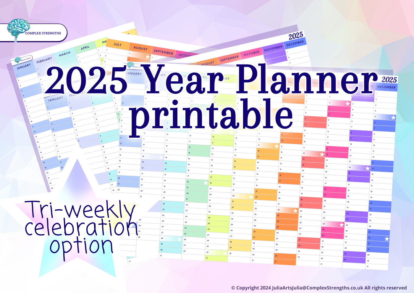 An Image with a title that reads “2025 Year Planner printable” in a deep purple under the title is a few images of the colorful calendar. On a star badge in the bottom left it reads “Tri-weekly celebration option”