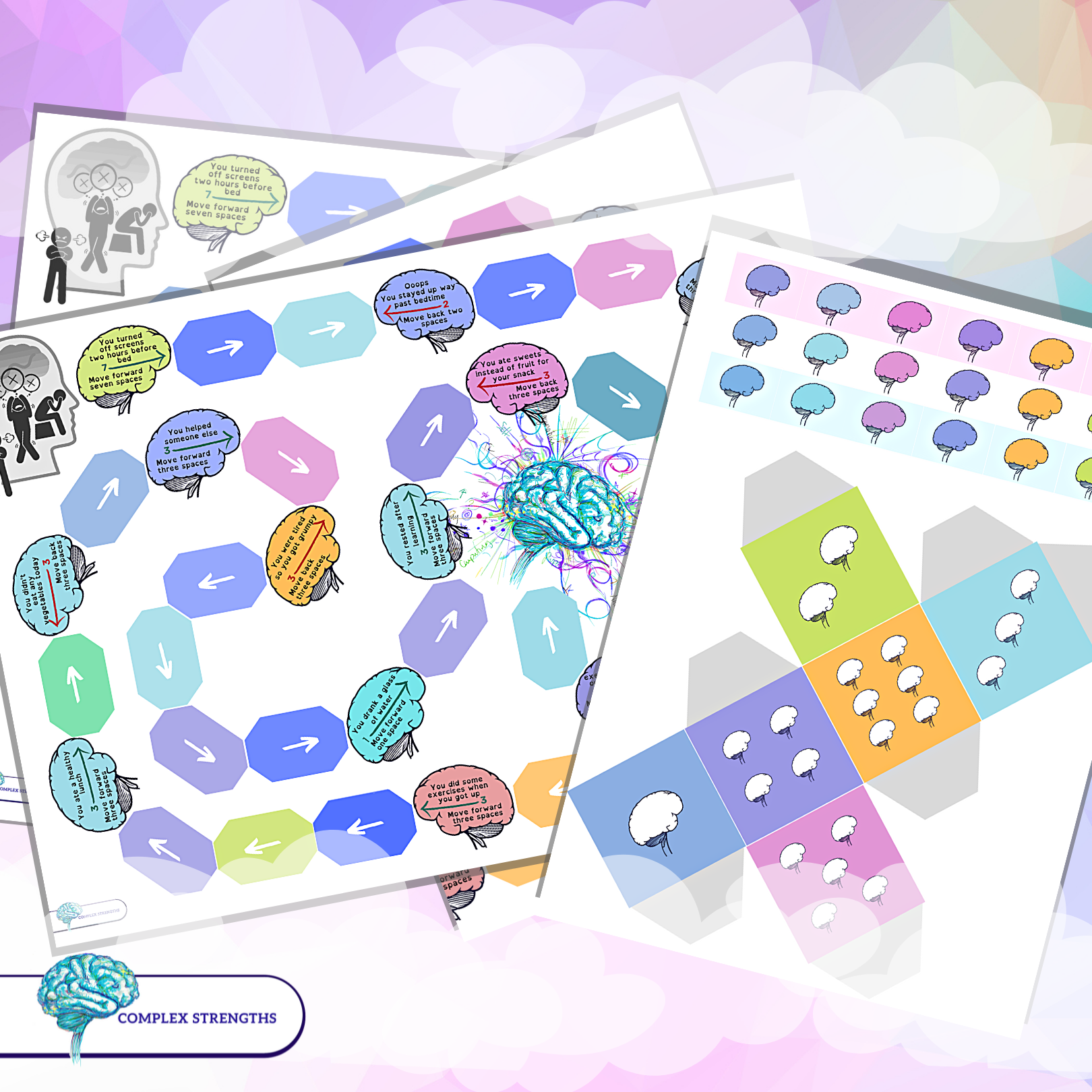 A bundle of colorful pastel printable board game designs with two designs at the top of the pile. The design on the left displays the board for the game with a twisty path of arrows and brains along the way , each brain has a task on them to be completed when landed on. The design on the right contains the cube net of a dice with colorful sides and brains instead of dots, along the top of the design on the right is a few rows of small colorful brains to be used as counters.