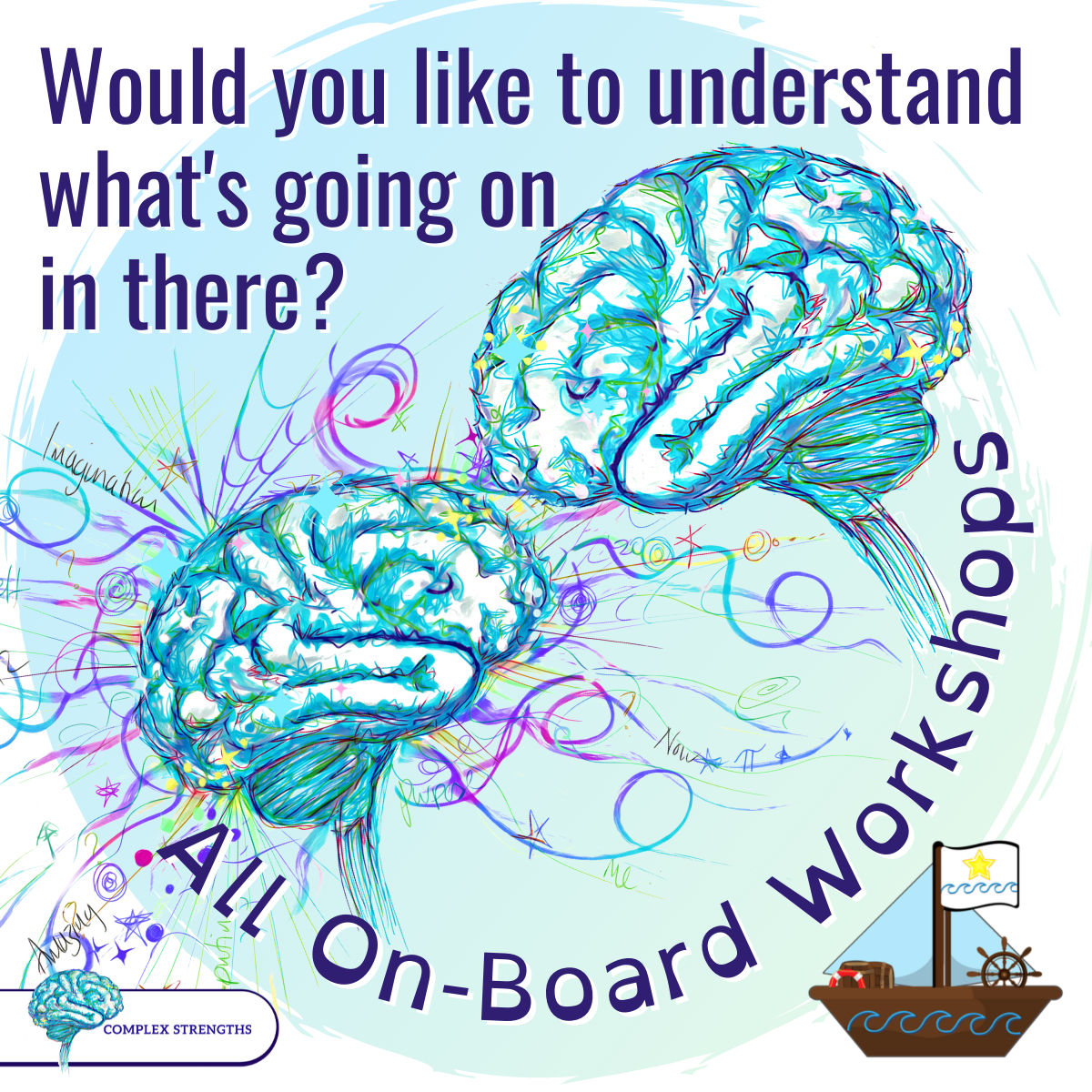 An image of two brains on a turquoise circle background, the brain on the right is slightly higher and larger than the brain on the left , the brain on the left has an explosion of colorful purple swirls and sparkles around it. Curved around the bottom of the turquoise circle is the text “All On-Board Workshop”All On-Board logo with a text title at the top “Would you like to understand what's going on in there?” In the bottom right is a small image of a boat designed by Julia as a tag for all things to do with the All On-Board content.