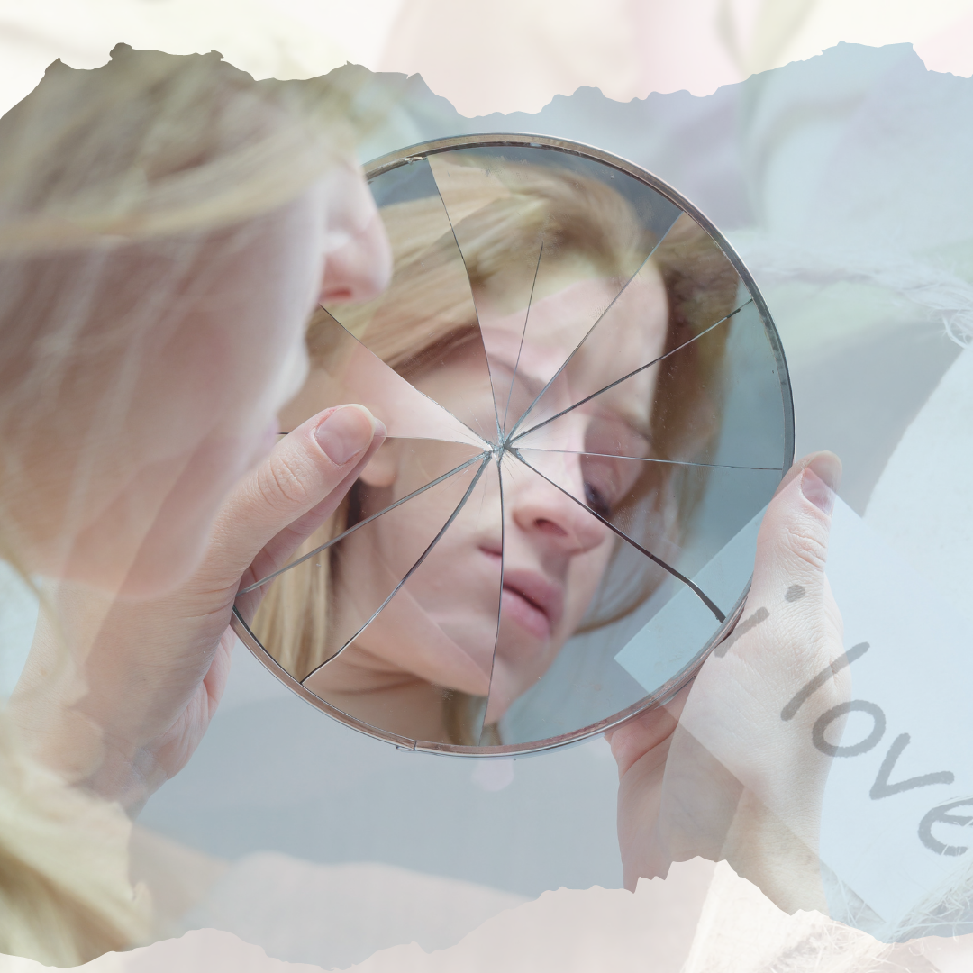 A pastel coloured phtographic image of a young woman turning her gaze away from her reflection in a cracked mirror.