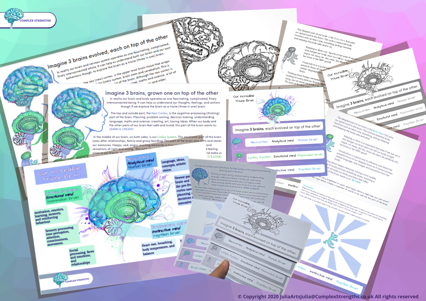 The image is a large collage of the “Incredible Triune Brain Bundle” with a nice purple and blue geometric background all designed by Julia Arts.
