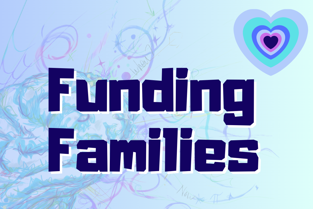A blue coloured background with a transparent swirly brain in the background, text reads Funding Families, and a multicoloured heart appears in the top righthand corner.