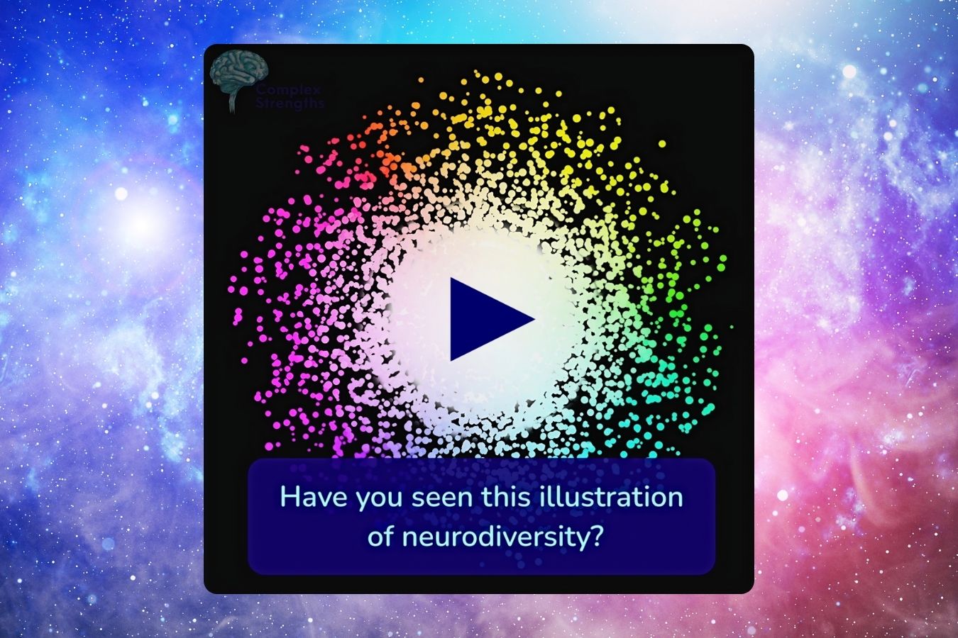 The thumbnail for the video which shows a representation of neurodiversity with colorful dots forming an expanding pattern. Text reads, "Have you seen this illustration of neurodiversity?" on a cosmic background.