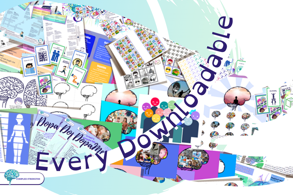 An image with a curved title in an arc from the very bottom left of the image to the top right in a deep purple which reads “Every Downloadable” Behind the title in the shape of a large brushstroke is a large collage of all the products.