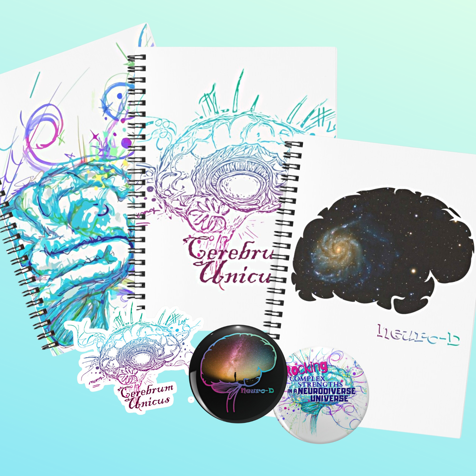 A picture of three notebooks and three stickers designed by Julia, on a turquoise background. The notebook on the far left is white with a large picture of the Beautifully Neurodivergent Brain on the cover towards the bottom left of the cover. The notebook in the center is also white with a large picture of a more detailed linework brain in the center of the cover with the words Cerebrum Unicus under it in italic writing. The notebook on the far right is again white with a large picture of a brain silhouette displaying A photograph of a galaxy. Below the notebooks on the page are the three matching badges.