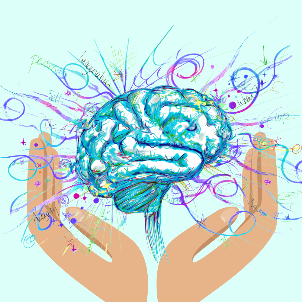 Beautifully Neurodivergent brain (A turquoise blue brain surrounded by swirls of bright colors presented by a pair of cradling hands on a pale turquoise blue background circle by Julia Harris of Complex Strengths)
